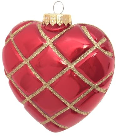 Krebs Glas Lauscha - Weihnachtsdekoration/Christbaumschmuck aus Glas - Herz mit Karo in Gold Glitter - Farbe: Apfel Rot - Größe: ca. 10 cm