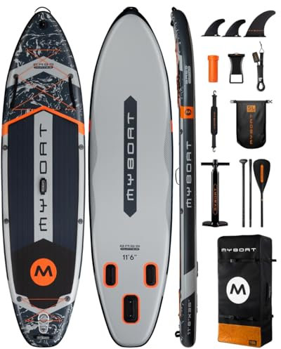 MyBoat Bass Hunter, Ultraleichtes & stabiles Paddelbrett zum Zwei SUP Board, 350x86x15cm extra breit aufblasbares Sup-Board 3 abnehmbaren Flossen, Rucksack, Pumpe, Starkes verstellbares Paddel (Grau)