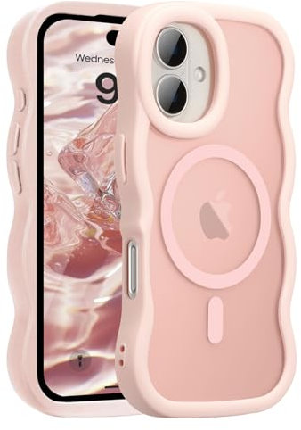UEEBAI Coque Magnétique pour iPhone 16 Plus Compatible avec Recharge sans Fil, Wave Frame Étui en Silicone Liquide, Housse de Protection Antichoc Bumper Cover Case avec Anti-Rayures, Rose