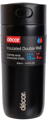 Décor Insulated Cool Touch Double Wall Travel Coffee Cup, Leak Proof Seal and Button Press Release Drink Feature. Vacuum Insulated 4 Hour Hot and 12 Hours Cold. Black 350ml.