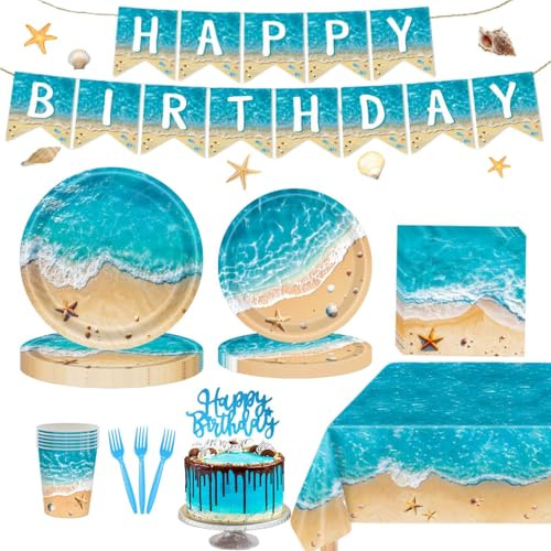 Decorazioni per feste in spiaggia, decorazioni per feste a tema oceano includono piatti, tovaglioli, tazze, topper per torte, tovaglia per banner per piscina hawaiana forniture per feste di compleanno