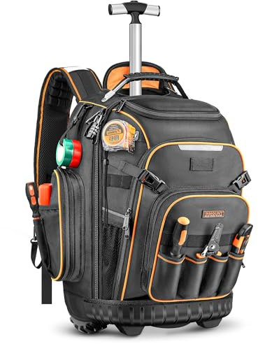 Tool Backpack Bag With Wheel, Heavy Duty Rolling Tool Backpack Hvac On Wheel Tool Bag For Men, For Electrician Construction Work Jobsite, Large Tool Organizer Men With Molded Base & Combination Lock