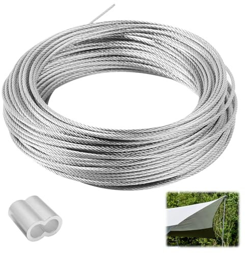 50 m Cavo Acciaio 1mm, Filo Acciaio Inox con 50 Manicotti in Alluminio, 304 di Corda in Acciaio Inossidabile, Kit Fune Metallica Acciaio, Corda Metallica per Appendere, Decorazione per Uccelli, Fiori