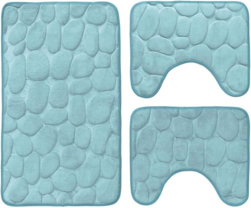 Corredocasa Set 3 Tappeti Bagno Antiscivolo Scendidoccia, Tappetino WC Fantasia Cuori Sassi Fiori Tessuto Assorbente Antiscivolo in Memory Foam Lavabile Disponibili Vari Colori (Turchese Sassi)