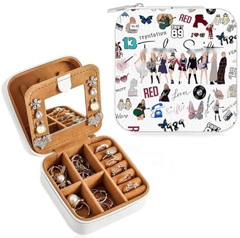 Huipalon Reise-Schmuckschatulle, Geschenke für Musikliebhaber, kleine Schmuckschatulle mit Spiegel, Reise-Schmuck-Organizer für Halsketten, Ohrringe, Ringe, Musikliebhaber, Geschenke für Fans