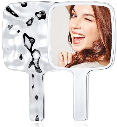 Xinjoduz 2 espejos de mano pequeños de mano con ondas de agua, espejos de manos con asa, plateados, para maquillaje, jardín, de una sola cara, normal para mujeres y hombres (6.69 x 3.94 pulgadas)