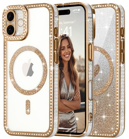 Ethanger Magnetic Glitter Case for iPhone 16, Bling Border, Gold | Compatible with MagSafe, Sparkle Rhinestone Border, with Removable Glitter Insert, Protective Shockproof for Women Girls