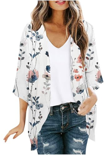 Swimsuit Kimono Womens Beach Cover Ups Elegant Boho Clothes Casual Super Thin Hawaiian Tops Bohemia 3/4 Sleeve Cover Up Ladies Jackets Cardigan