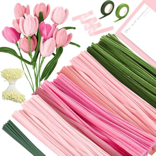WINAROI Pfeifenreiniger Blumen Set,400 Stück Pfeifenputzer zum Basteln 4 Farben,Rosa zum Chenilledraht mit 20 Stück Grünem Bastelfaden, Geschenkband, Klebeband
