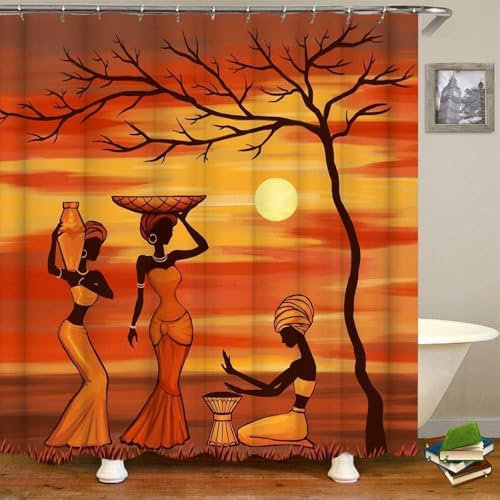 okoikfc Rideau Douche Anti Moisissure 3D Afrique, Rideau de Douche 120 x 200 cm Femmes Africaines, Rideaux Baignoire Imperméable Lavable Tissu Polyester Rideaux Salle de Bain avec 8 Crochets a986