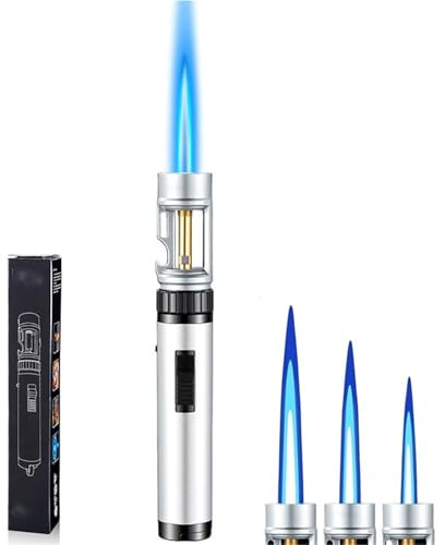 BXFFFCEO Torch lighter, camping lighter with beer bottle opener, rechargeable butane gas windproof jet flame lightsaber with safety lock,(White)
