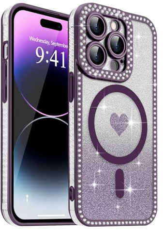 Urarssa Magnetic for iPhone 14 Pro Max Case Glitter, Purple | Removable Sparkly Card Clear Case with Bling Diamonds for Women Girls, Fit for MagSafe, Glossy Soft TPU Shockproof Cover