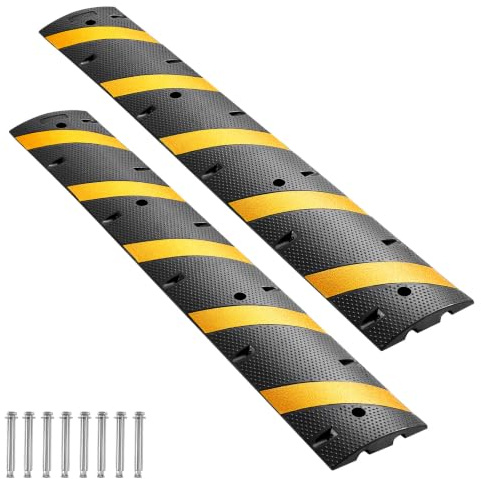 VEVOR 6FT Rubber Speed Bump, 2 Pack, 2 Channel Heavy Duty Traffic Speed Hump, 22000 lbs/Axle Load Capacity, 72 in Cable Protector Ramp with Expansion Screws, for Asphalt Concrete Gravel Driveway Road