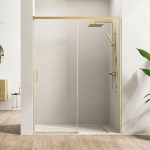 Paroi de Douche Frontale Coulissante 1 Porte + 1 Fixe | Verre Trempé 6 mm avec Traitement Anti-calcaire (OR, 150cm)