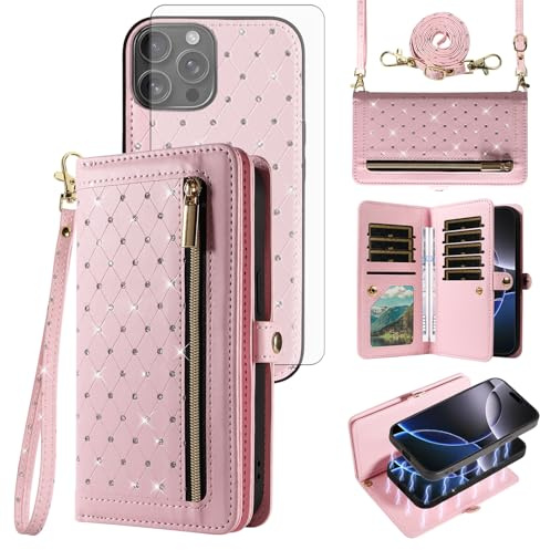 Phone Case for iPhone 12 Pro iPhone12 6.1 Zipper Wallet Detachable Magnetic Cell Cover Screen Protector Crossbody Lanyard Strap Bling Glitter Flip Credit Slots iPhone12pro 5G i 12s 12pro Girls Pink