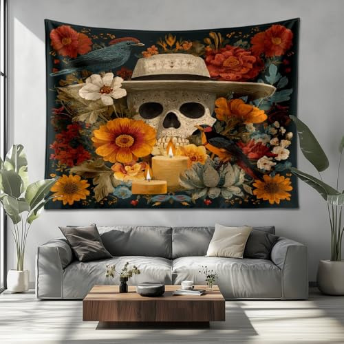 Wandteppich 200x150cm Mexikanische Illustration Zum Tag Der Toten Wandteppich Wandkunst Aesthetic, Bunt Psychedelisches Wandbehang für Schlafzimmer, Wohnzimmer Wanddekoration, Stoff Wandtuch