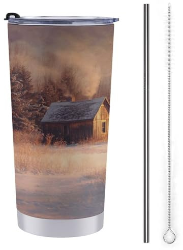 Jubonexis Reisebecher, kleine Holzhütte in verschneiter Wiese, Vintage-Wasserflasche, vakuumisolierter Kaffeebecher aus Edelstahl mit Strohhalm-Deckel und Reinigungsbürste, 590 ml
