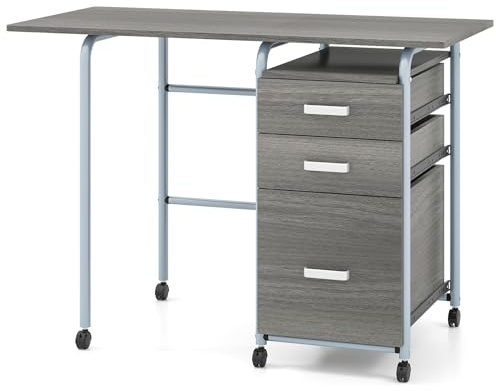 GIANTEX Escritorio de Ordenador Plegable con 3 Cajones de Almacenamiento, Mesa de Marco Metálico con Ruedas con Cerradura 360°, Mesa Auxiliar para Salón, Dormitorio (Gris)