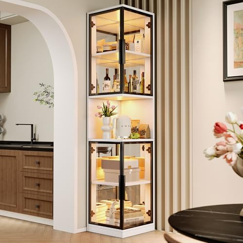 Dolamaní Vitrina de 205 cm de altura con iluminación LED y puertas de cristal dobles, vitrina de esquina, vitrina de 5 capas, dispositivo de protección antivuelco, para salón, dormitorio, oficina