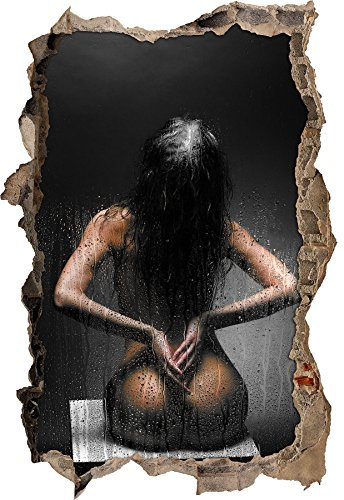 Stil.Zeit Nackte Frau hinter feuchter Glaswand B&W Detail Wanddurchbruch im 3D-Look, Wand- oder Türaufkleber Format: 92x62cm, Wandsticker, Wandtattoo, Wanddekoration
