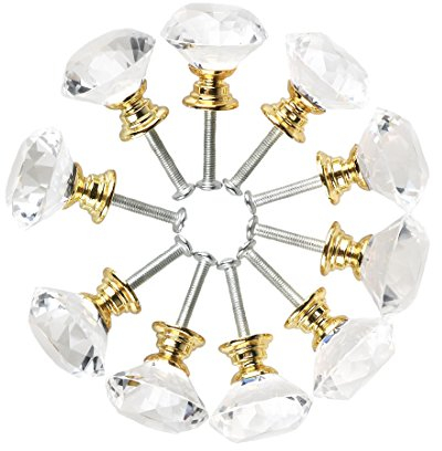 Sourcingmap Bouton rond/en forme de diamant en cristal pour placard de cuisine, armoire, tiroir, armoire, armoire avec vis, 30 mm, Verre diamant, alliage d'aluminium., Doré, Lot de 10