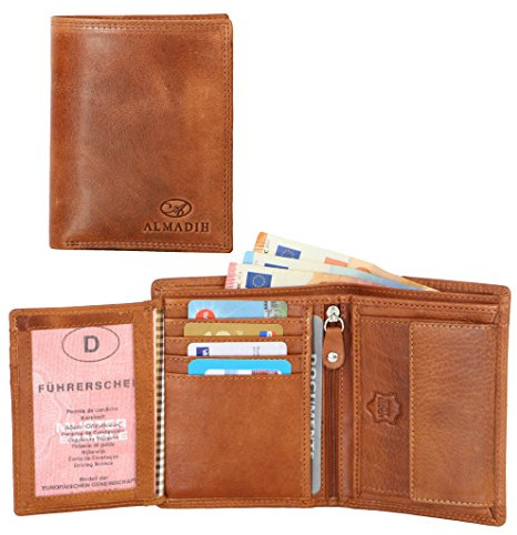 ALMADIH Leder Portemonnaie Hochformat RFID Schutz 12 Kartenfächer Rindsleder mit Geschenkbox (P1H-BD) Herren Börse Geldbörse Geldbeutel Portmonee Brieftasche Herrenbörse Unisex braun tan (P1H Deluxe)