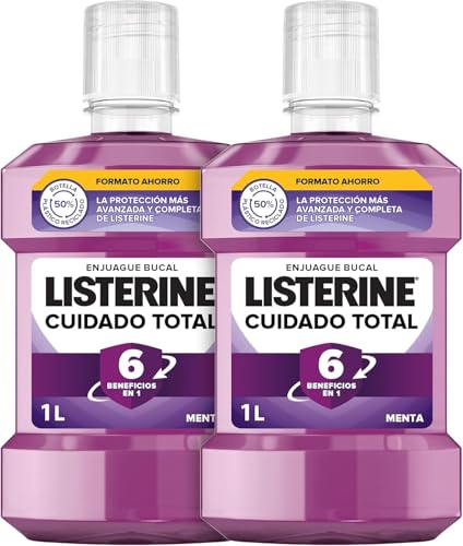 Listerine Cuidado Total (pack de 2 x 1 L), enjuague bucal con flúor, colutorio bucal con 6 beneficios en 1, elixir bucal para una limpieza bucal completa