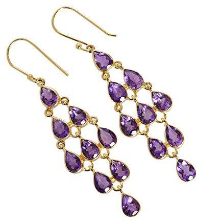 Ravishing Impressions Orecchini placcati in oro, con ametista viola naturale, fatti a mano, orecchini pendenti e pendenti