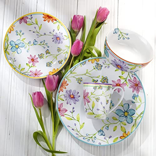 Euro Ceramica Charlotte Collection Steingut, 16-teiliges Geschirr-Set, Service für 4 Personen, Aquarell-Blumen-Design, mehrfarbig, Weiß, Rosa