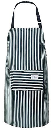 Waterproof Vinyl Kitchen Apron with Pockets - Wipe Clean Blue Stripe Pinafore Apron for Women & Men - Adult Dishwashing
