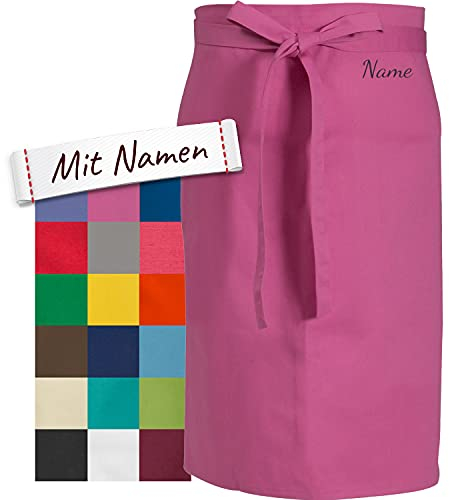 LALALO Vorbinder Schürze mit Name, hochwertig bestickt, Personalisierte Bistroschürze/Kochschürze für Damen und Herren, Malschürze/Schürze zum basteln, kochen, garten oder werken (Pink, 60x80 cm)