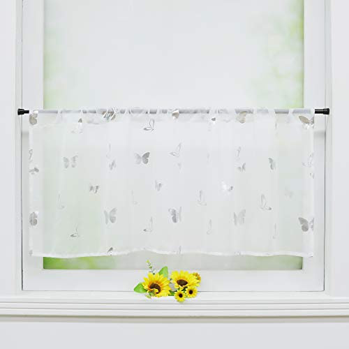 Delien Scheibengardine Voile Bistrogardinen mit Durchstangenzug Gardine Küche Kurzstores »Schmetterling« Transparente Kurzgardine Schals Esszimmer Kurzer Vorhang BxH 90x45cm,Silber