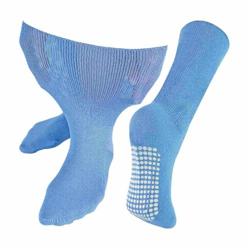 Dr.Socks Extra Wide Oedema Socks with Non Slip Grips Mens & Ladies | Bamboo Slipper Socks with Grippers for Swollen Legs Ankles & Feet (6-8, Blue)