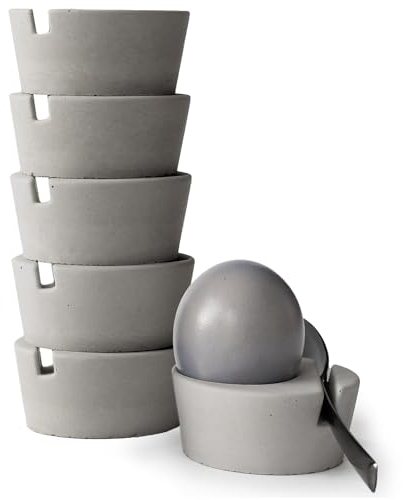 BETOLZ® Design Eierbecher 6er Set aus Beton/Eierbecher stapelbar/Egg Cups/Eierbecher Design - minimalistisch & modern, für Jede Eiergröße - inkl. Löffelhalter