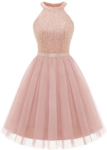 Dressystar Damen Paillettenkleid Kurz Tüll Cocktailkleid Partykleid Festlich Kleid Blush L