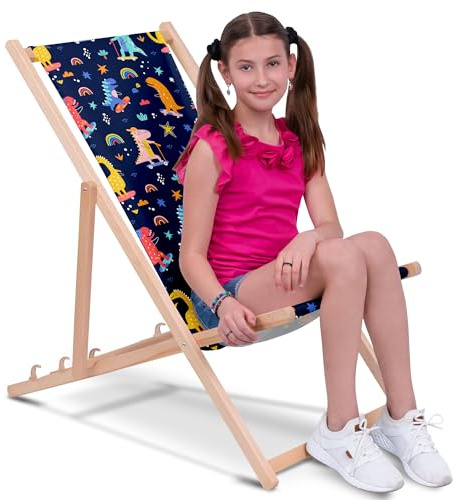 DreamRoots Kinder Liegestuhl Holz Gr. M, Skater Dinosaurs | Klappbarer Campingstuhl faltbar, für Garten & Strand, bis 130 kg, waschbarer Bezug, 100% Polyester, UV-beständig, Kinderliege