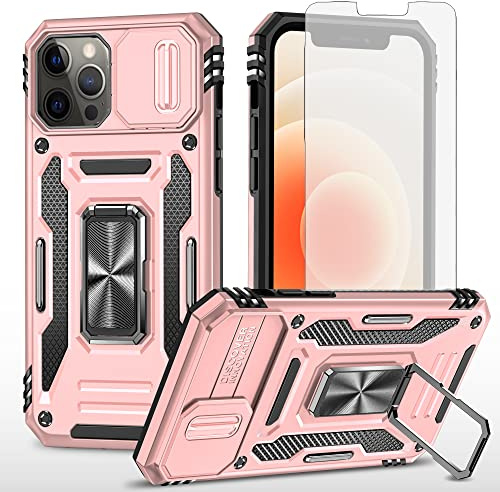 Asuwish Phone Case for iPhone 12 Pro Max 6.7 with Tempered Glass Screen Protector and Slide Camera Cover Magnetic Ring Holder Stand iPhone12promax i 12s Plus iPhone12 12pro Promax Women Men Rose Gold