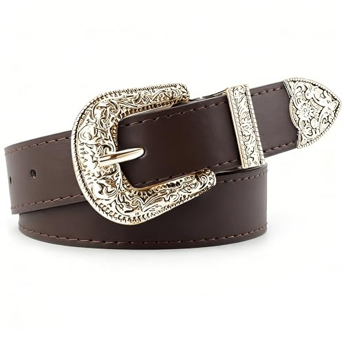 QIQILUXI Western-Gürtel für Damen und Herren, Cowboys, Cowgirls, Schnitzschnallen, Gürtel für Jeans, Hosen, Kaffee-goldene Schnalle, 41inch