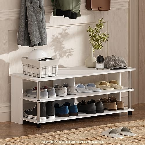 Furinno Turn-N-Tube Schuhregal, 3-stöckiger Schuh-Organizer, kompakte Schuhaufbewahrung mit offenen Regalen und Edelstahlrohren, 39.4 x 104.4 x 40.1 cm, für Schrank, Büro, Garage, Weiße Eiche