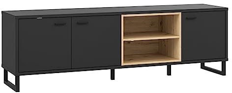 Meuble TV 2 Portes Revêtement Décor Noir et Chêne Clair avec Poignées en Métal Noir - Design Moderne - Bailey