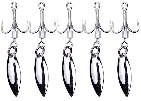 5Pcs of Sliver Willow Blade Lures with Barbed Treble Hooks Fishing Baits Suitable for Sea Fishing(6#)