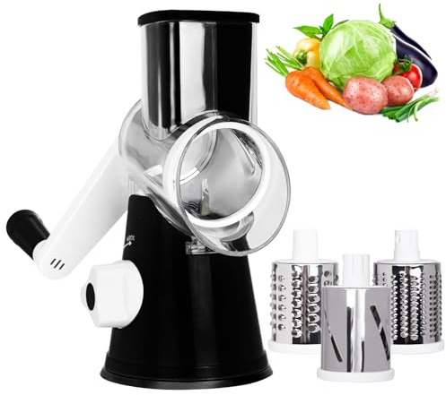 X Home Rallador giratorio de queso, rallador manual de queso con asa, cortador de verduras mandolina, triturador de queso con base de succión fuerte, 3 cuchillas de tambor trituradora de queso
