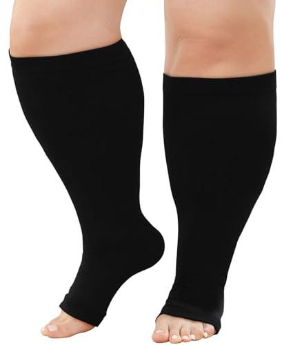 ZFSOCK Bas de Contention Femme Homme: Grande Taille Chaussettes de Contention Compression Bout Ouvert Gros Mollet 20-30mmhg pour Infirmiere Running Sport Voyage Grossesse 4XL Noir 1 Paire