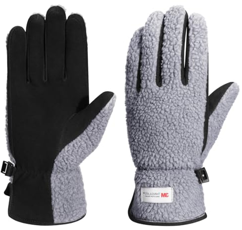 Harssidanzar Winter Echtes Wildleder Handschuhe Damen Warmes Fleece Thinsulate gefüttert Outdoor Skifahren Lederhandschuhe SL021EU,Grau/Schwarz, Größe XL
