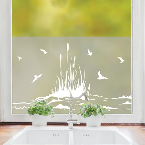 Wandtattoo Loft Sichtschutzfolie Fenster mit Schilf am Ufer Motiv, Maritime Fensterfolie Blickdicht, Milchglasfolie Vögeln, Maritime Fensterdeko Folie, Fenster Dekoration Maritim, Fenster Klebefolie