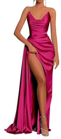 YIAX128 Robe d'invité de mariage sirène sans bretelles sans manches longue robe de bal pour femme, rose vif, 46