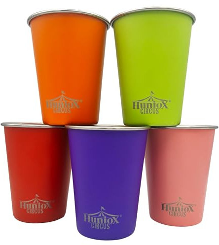 Huniox® 5 X 350 ML Vasos Acero Inoxidable Niños – Vasos Infantiles – Camping Accesorios – Vasos de Colores – Menaje para Caravanas – Taza Metal - Vaso Infantil - Vasos Playa (CIRCUS, 350 ML)