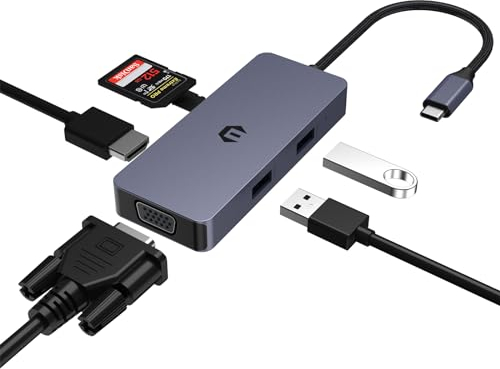 USB C Adapter HUB, USB C HUB, 4K HDMI VGA USB Hub, 6 in 1 Adapter mit USB A, USB 2.0, SD/TF Kartenleser, kompatibel mit Mac, Windows und iOS System Laptops