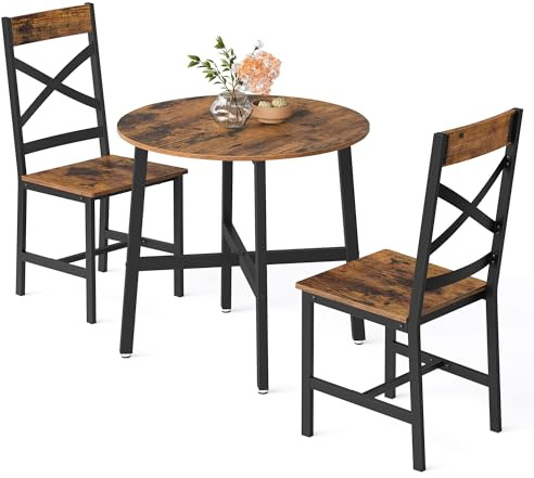 VASAGLE Dining Table and Chairs Set, Dining Chairs Set of 2, Round Kitchen Table, Kitchen Chairs, Steel Frame, Easy Assembly, Industrial Style, Rustic Brown and Black KDT084S02