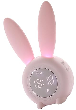 TOPPERFUN Klein Kreativ Led Nachtlicht Mit Alarmfunktion Niedliche Hasenohr-Uhr Für Tisch Wandmontage USB Aufladbar Für Kinderzimmer Rosa